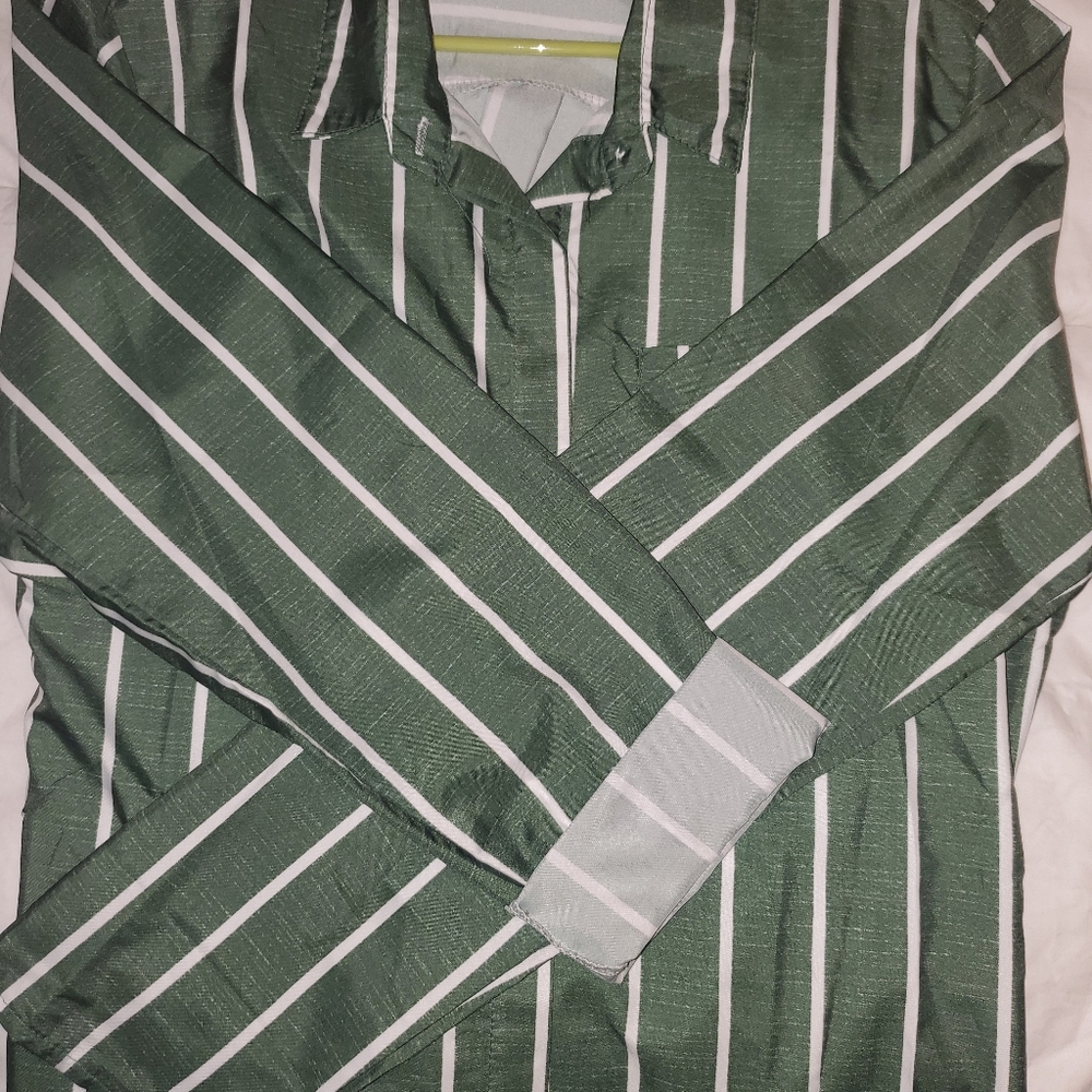 Striped green and white button down top